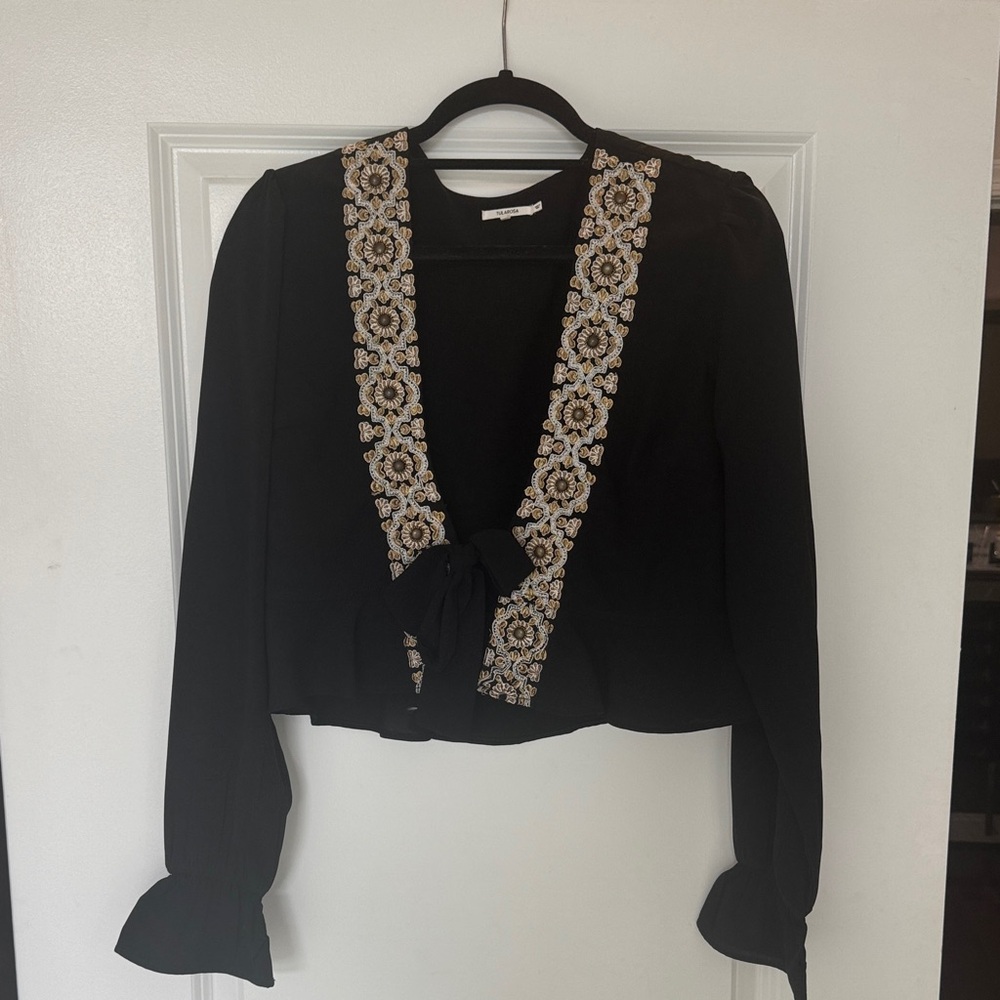 Tularosa Black Blouse with Floral Embroidery